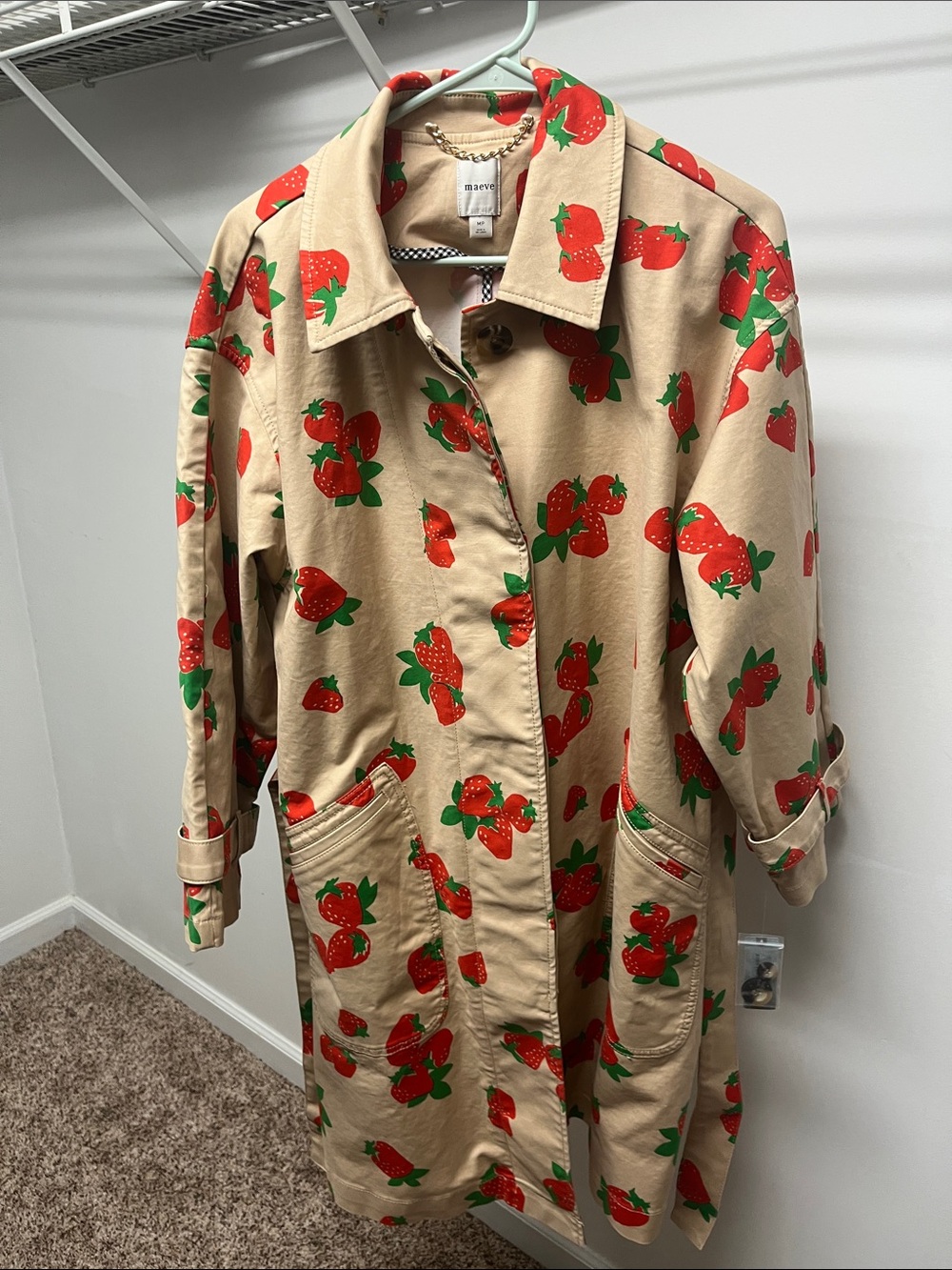 NWT! Maeve Beige Trench Coat with Red & Green Strawberry Print